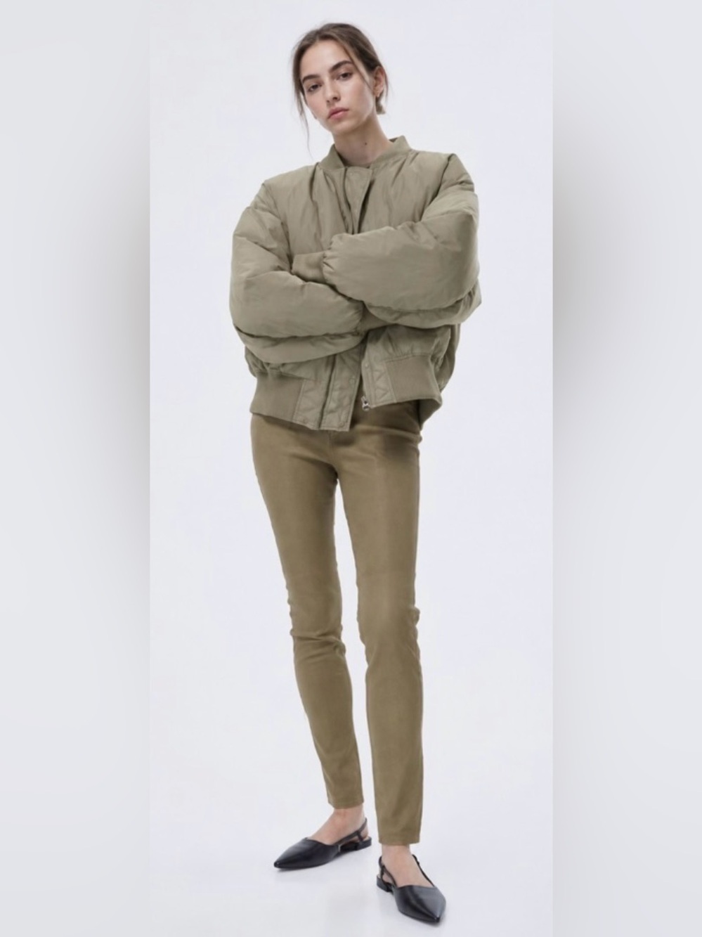 H&M 100% Genuine Leather Khaki Green Leggings Elastic Waist Pull On Pants Size 6